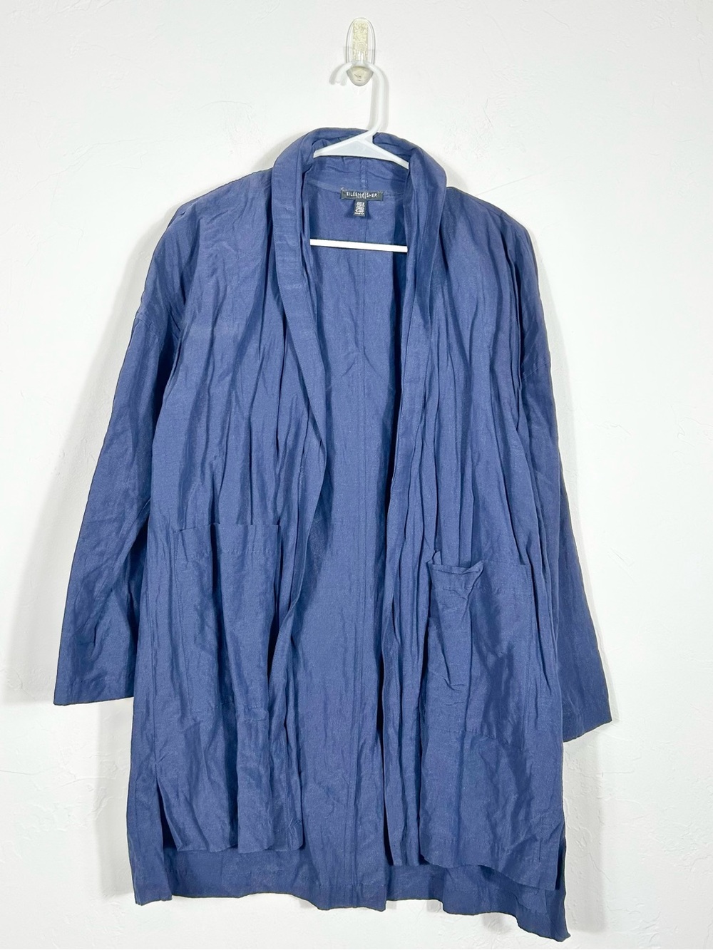 Eileen Fisher Slate‎ Blue Organic Cotton Glitter Crepe Open Front Duster Jacket